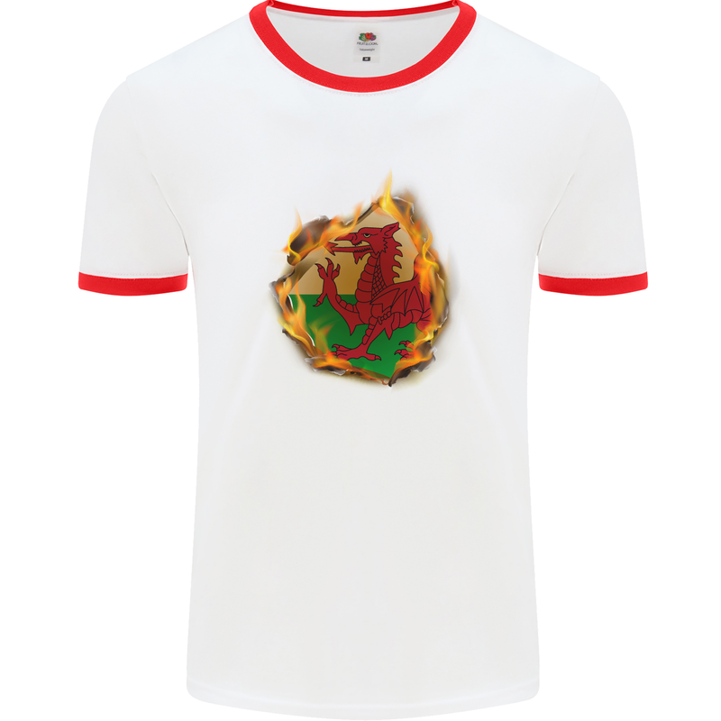 The Welsh Flag Fire Effect Wales Mens White Ringer T-Shirt White/Red