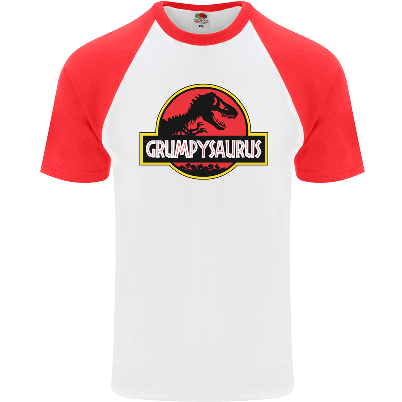 Grumpysaurus Funny Grumpy Old Git Man Mens S/S Baseball T-Shirt White/Red