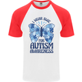 I Wear Blue For Autism Butterfly Autistic Mens S/S Baseball T-Shirt White/Red