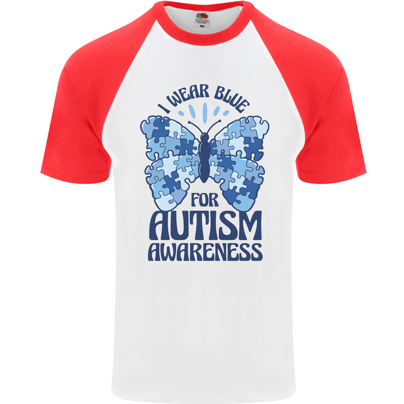 I Wear Blue For Autism Butterfly Autistic Mens S/S Baseball T-Shirt White/Red