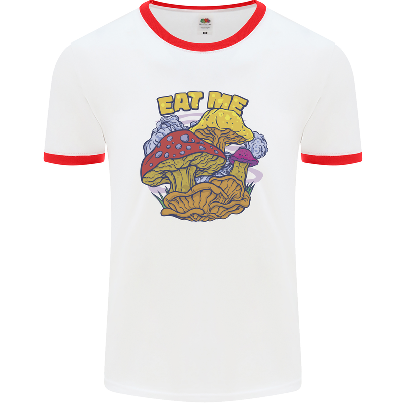 Eat Me Mushroom Fungi Mycology Mens Ringer T-Shirt White/Red