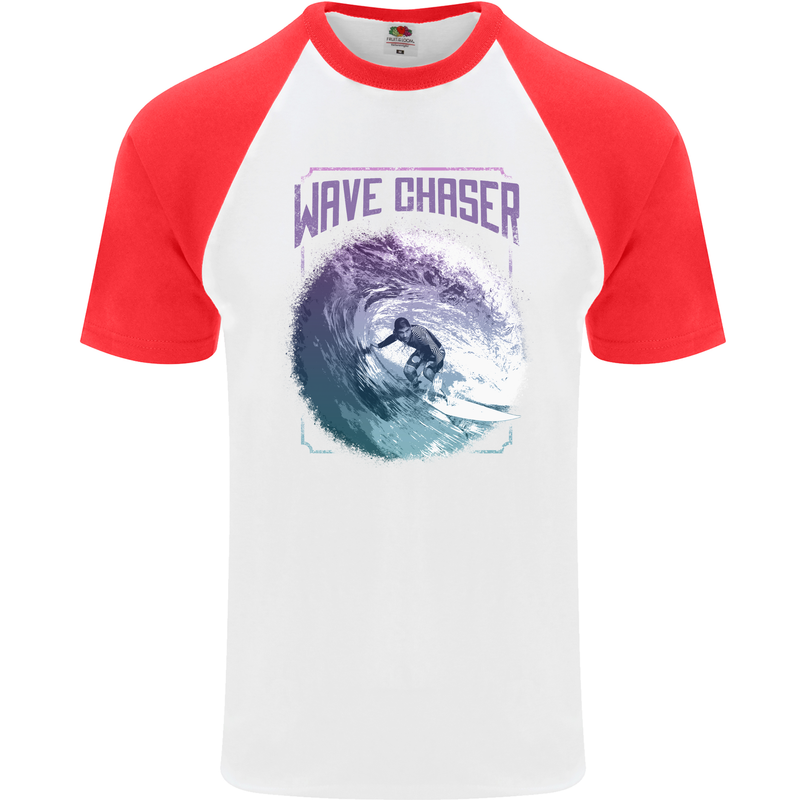 Wave Chaser Surfing Surfer Mens S/S Baseball T-Shirt White/Red