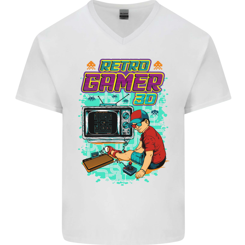 Retro Gamer Arcade Games Gaming Mens V-Neck Cotton T-Shirt White