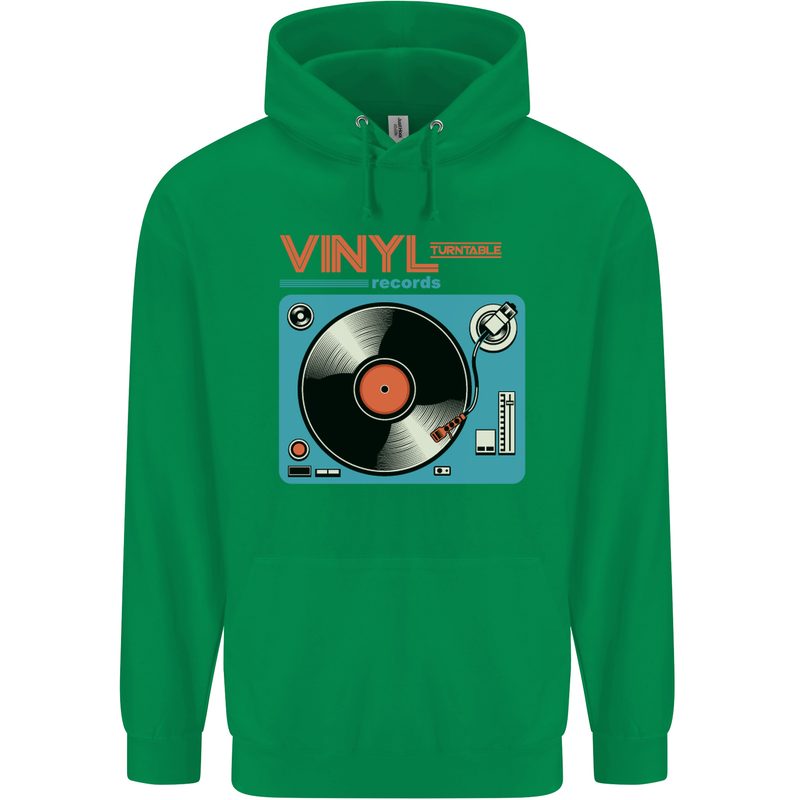 Retro Vinyl Records Turntable DJ Music Mens 80% Cotton Hoodie Irish Green
