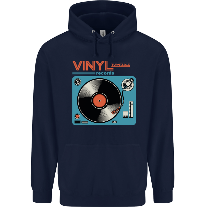 Retro Vinyl Records Turntable DJ Music Mens 80% Cotton Hoodie Navy Blue