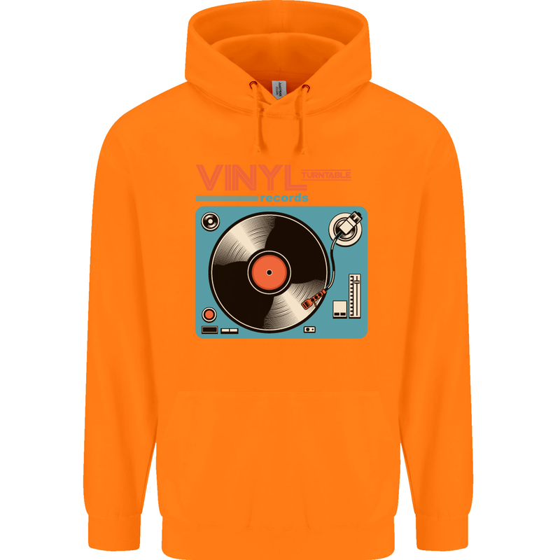 Retro Vinyl Records Turntable DJ Music Mens 80% Cotton Hoodie Orange