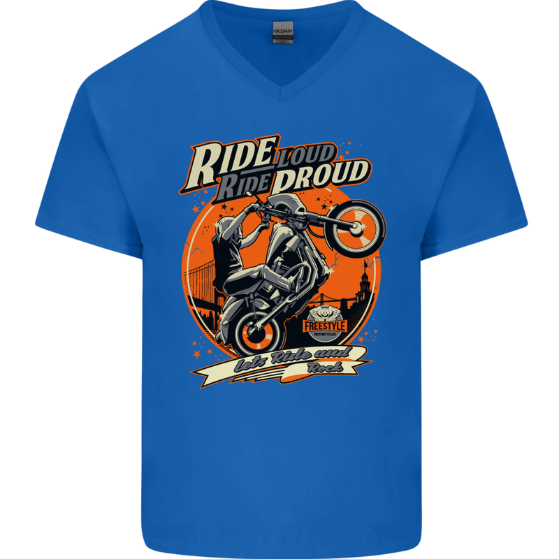 Ride Loud Ride Proud Motorbike Biker Mens V-Neck Cotton T-Shirt Royal Blue