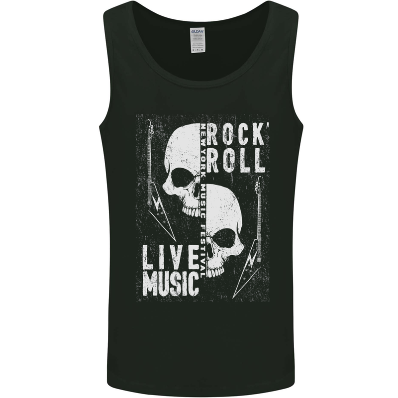Rock n Roll Live Music Skull Guitar Mens Vest Tank Top Black