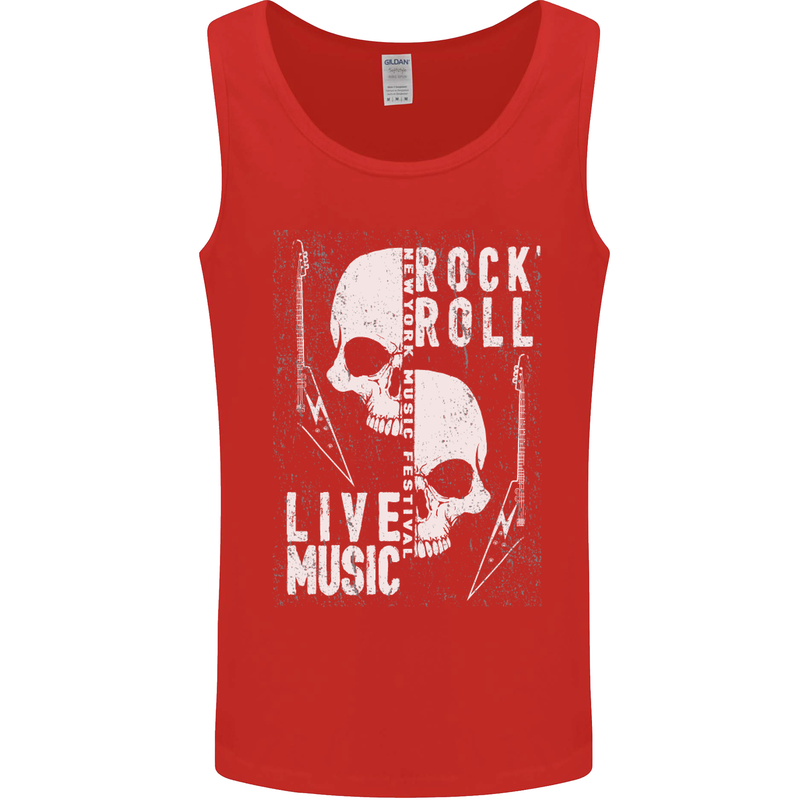 Rock n Roll Live Music Skull Guitar Mens Vest Tank Top Red