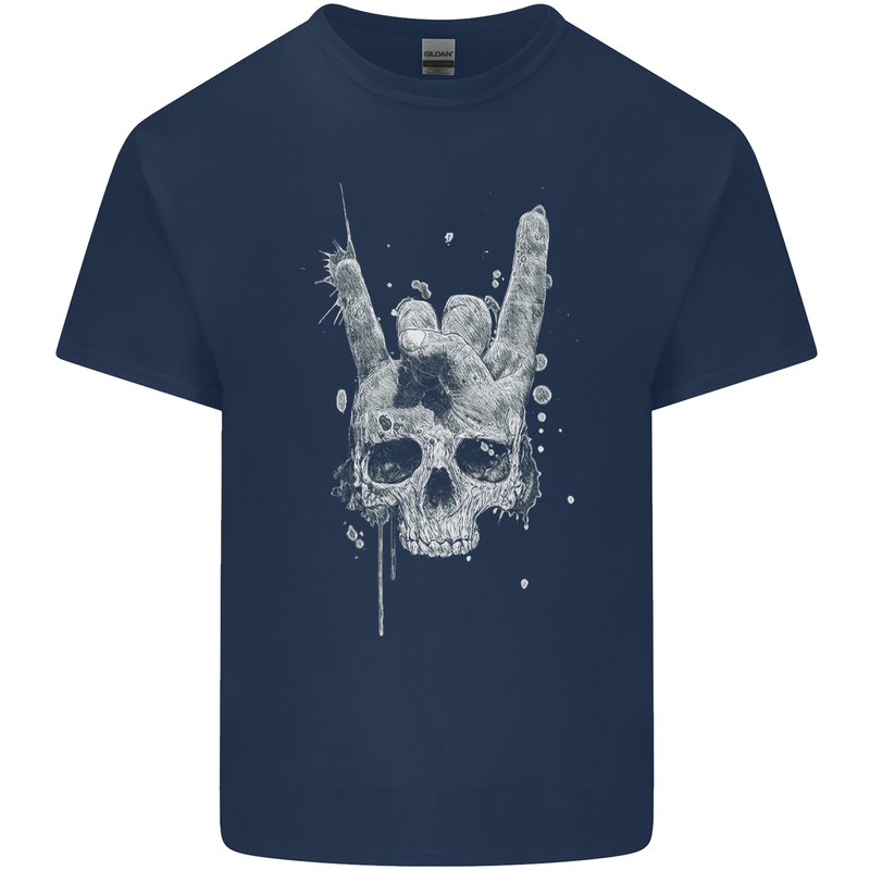 Rock n Roll Music Salute Skull Biker Gothic Kids T-Shirt Childrens Navy Blue