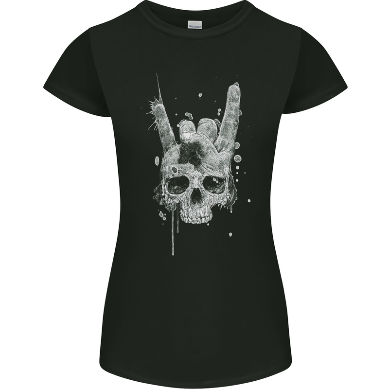 Rock n Roll Music Salute Skull Biker Gothic Womens Petite Cut T-Shirt Black