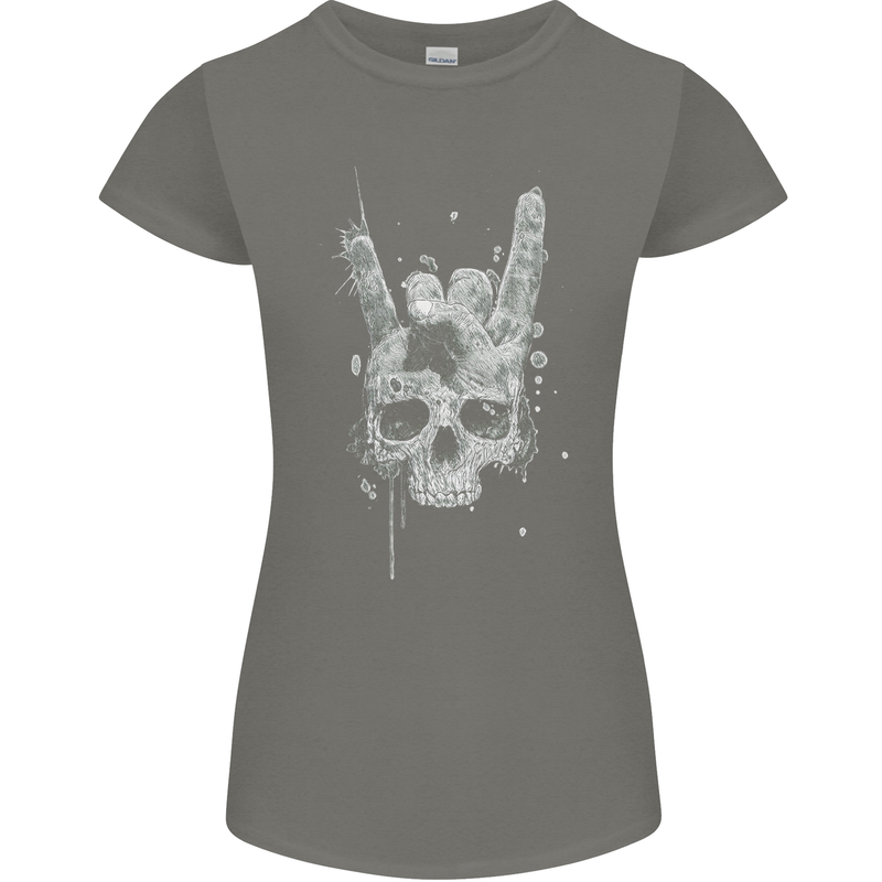 Rock n Roll Music Salute Skull Biker Gothic Womens Petite Cut T-Shirt Charcoal