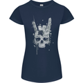 Rock n Roll Music Salute Skull Biker Gothic Womens Petite Cut T-Shirt Navy Blue
