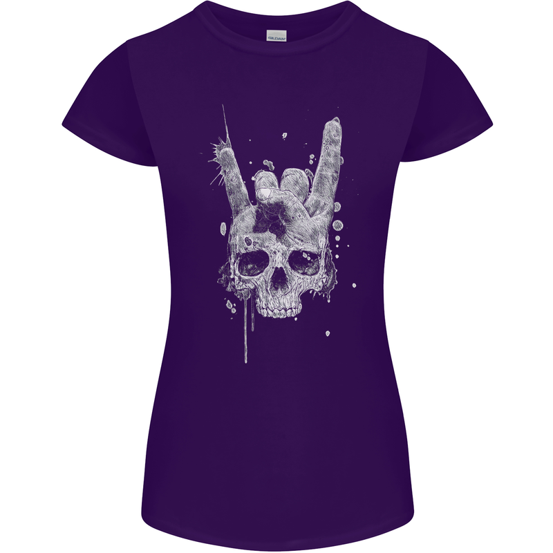 Rock n Roll Music Salute Skull Biker Gothic Womens Petite Cut T-Shirt Purple