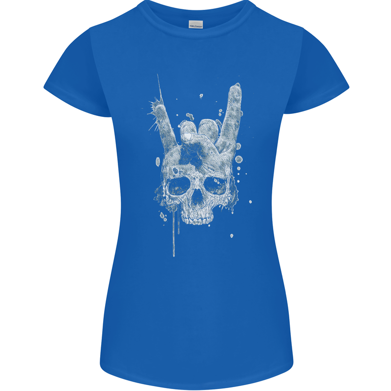 Rock n Roll Music Salute Skull Biker Gothic Womens Petite Cut T-Shirt Royal Blue