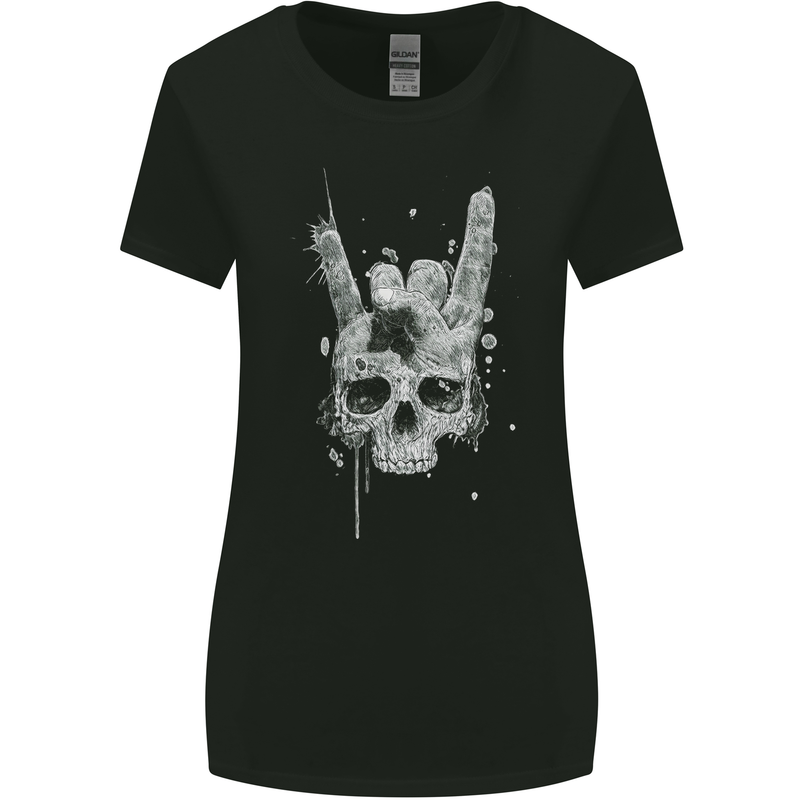 Rock n Roll Music Salute Skull Biker Gothic Womens Wider Cut T-Shirt Black
