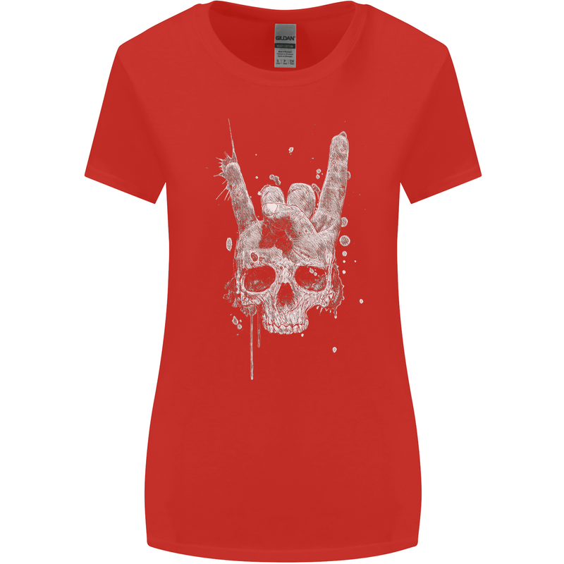 Rock n Roll Music Salute Skull Biker Gothic Womens Wider Cut T-Shirt Red