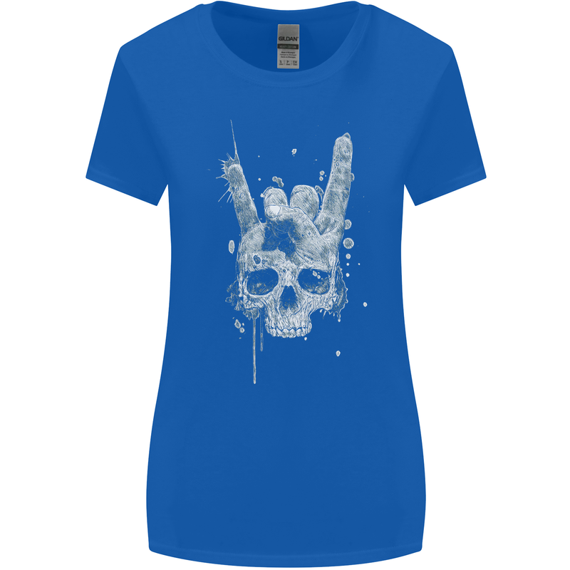 Rock n Roll Music Salute Skull Biker Gothic Womens Wider Cut T-Shirt Royal Blue