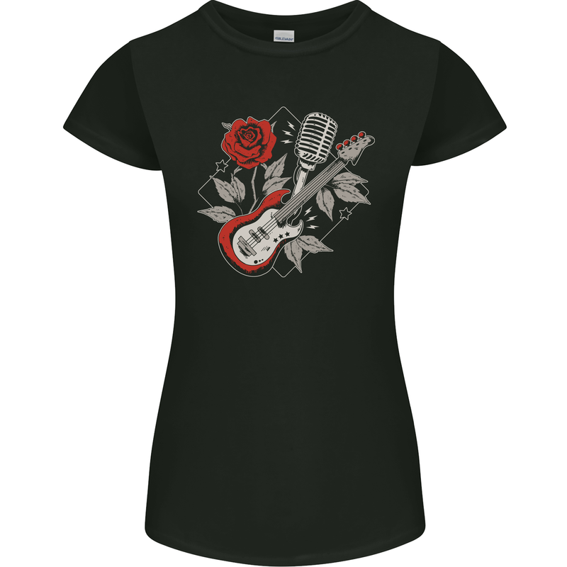 Rockabilly Guitar & Microphone Rock & Roll Womens Petite Cut T-Shirt Black