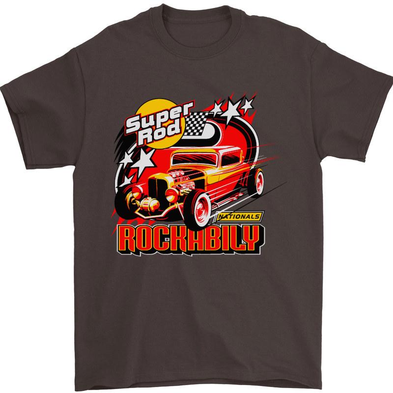 Rockabily Hot Rod Hotrod Dragster Mens T-Shirt Cotton Gildan Dark Chocolate
