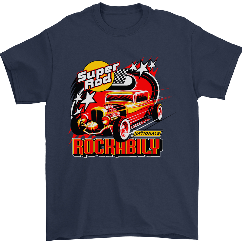 Rockabily Hot Rod Hotrod Dragster Mens T-Shirt Cotton Gildan Navy Blue
