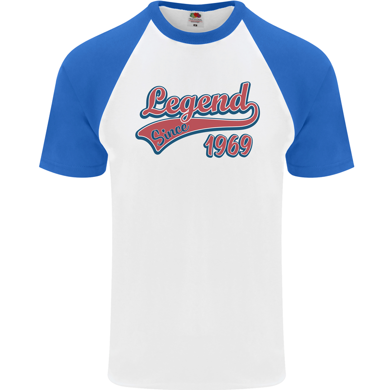 Legend Since 54th Birthday 1969 Mens S/S Baseball T-Shirt White/Royal Blue