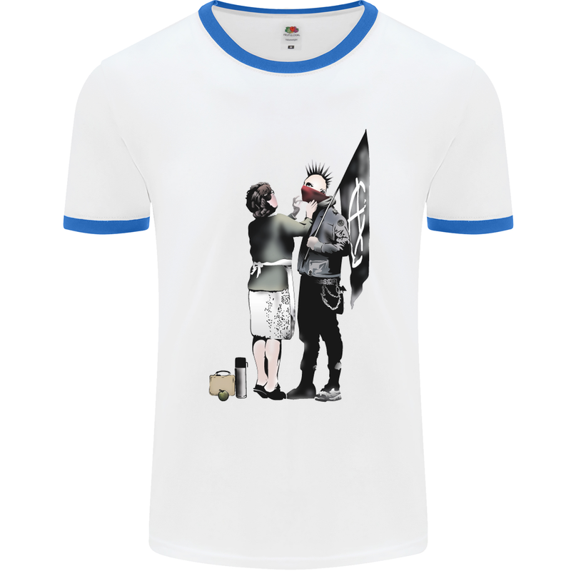 Anarchy Banksy Punk Mum Mens White Ringer T-Shirt White/Royal Blue