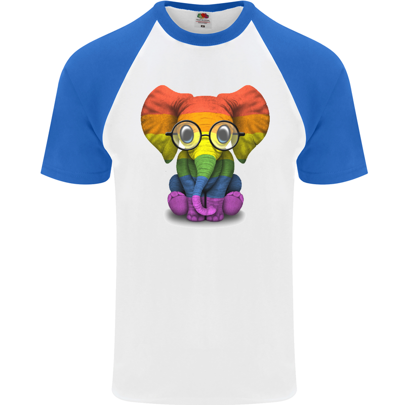 LGBT Elephant Gay Pride Day Awareness Mens S/S Baseball T-Shirt White/Royal Blue