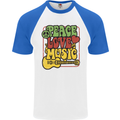 Peace Love Music Guitar Hippy Flower Power Mens S/S Baseball T-Shirt White/Royal Blue