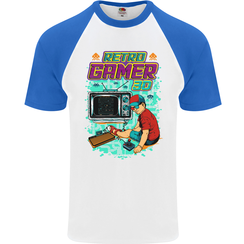 Retro Gamer Arcade Games Gaming Mens S/S Baseball T-Shirt White/Royal Blue