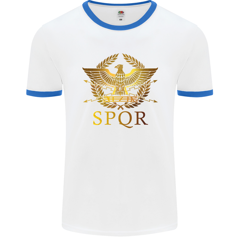 Gym Training Top Weightlifting SPQR Roman Mens White Ringer T-Shirt White/Royal Blue