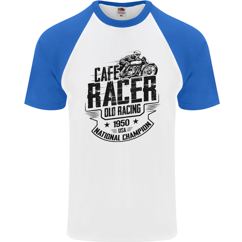 Cafe Racer Old Racing Motorcycle Biker Mens S/S Baseball T-Shirt White/Royal Blue