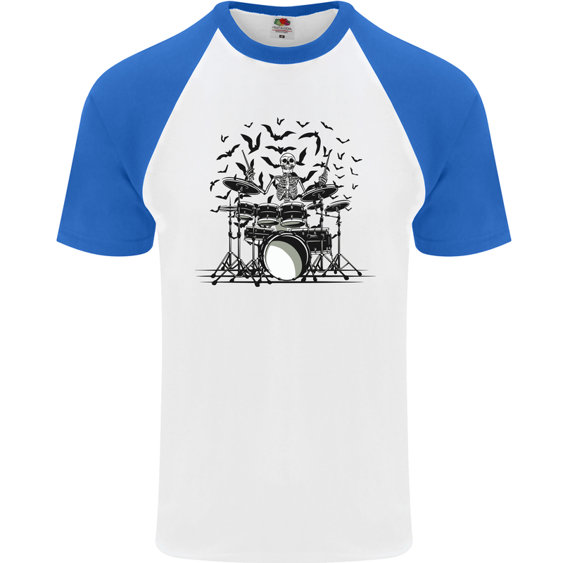 Skeleton Drummer Drumming Drum Skull Funny Mens S/S Baseball T-Shirt White/Royal Blue