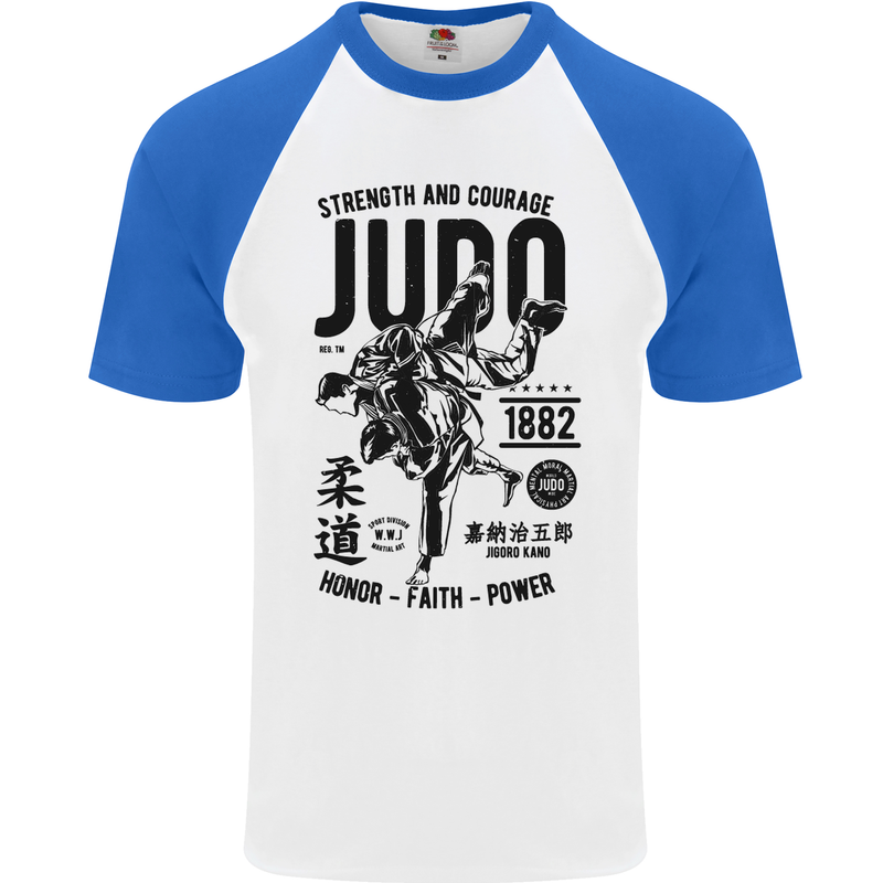 Judo Strength and Courage Martial Arts MMA Mens S/S Baseball T-Shirt White/Royal Blue