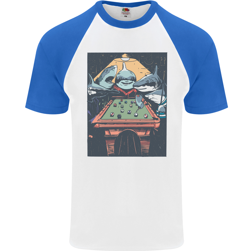 Pool Shark Snooker Player Mens S/S Baseball T-Shirt White/Royal Blue