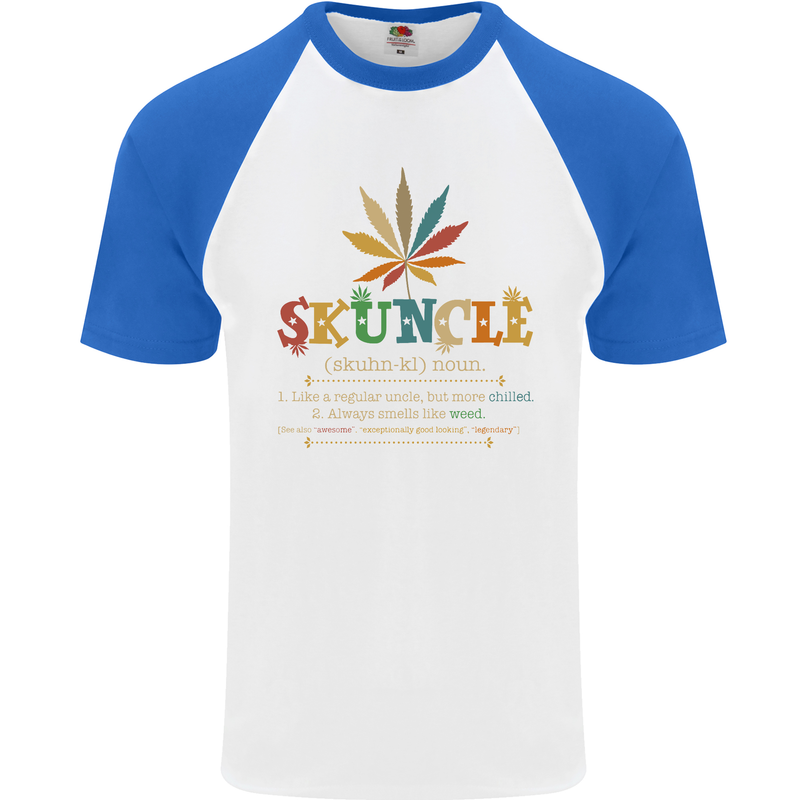 Skuncle Uncle That Smokes Weed Funny Drugs Mens S/S Baseball T-Shirt White/Royal Blue