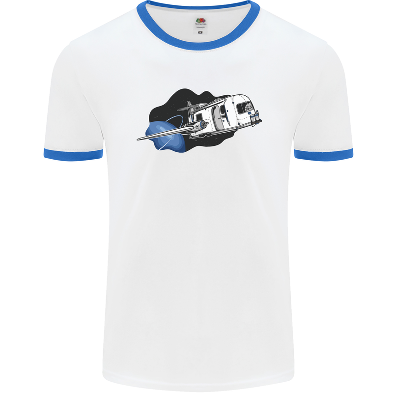 Funny Caravan Space Shuttle Caravanning Mens White Ringer T-Shirt White/Royal Blue