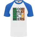 Blood Sweat Rugby and Beers Ireland Funny Mens S/S Baseball T-Shirt White/Royal Blue