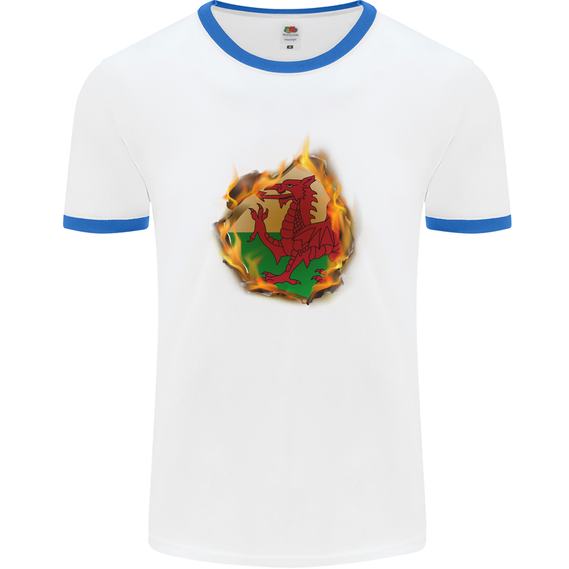 The Welsh Flag Fire Effect Wales Mens White Ringer T-Shirt White/Royal Blue