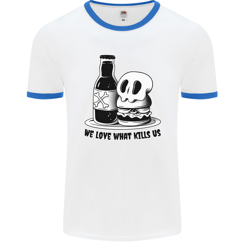 What We Love Kills Us Burger Food Skull Mens White Ringer T-Shirt White/Royal Blue