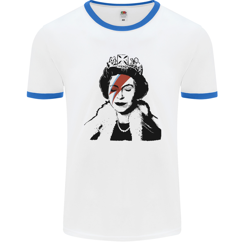 Banksy The Queen with a Bowie Look Mens White Ringer T-Shirt White/Royal Blue