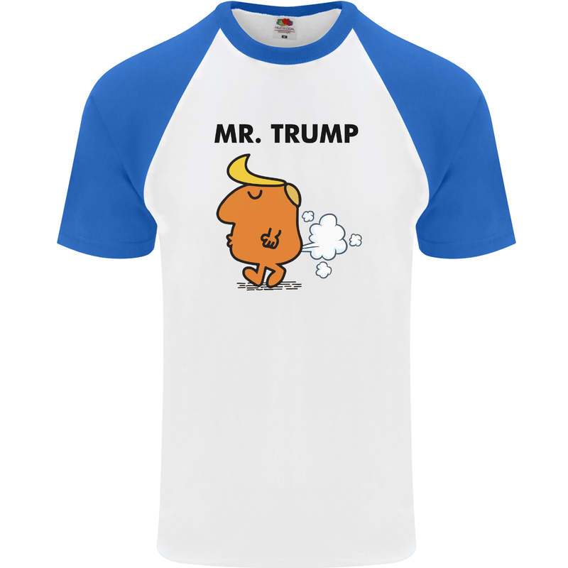 Donald Trump Fart Farting Flatulence Funny Mens S/S Baseball T-Shirt White/Royal Blue