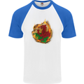 The Welsh Flag Fire Effect Wales Mens S/S Baseball T-Shirt White/Royal Blue