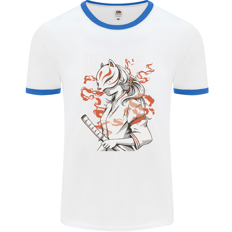 Japanese Kitsune Paranormal Fox Mens White Ringer T-Shirt White/Royal Blue