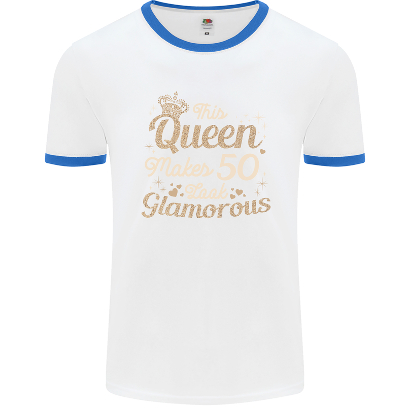 50th Birthday Queen Fifty Years Old 50 Mens White Ringer T-Shirt White/Royal Blue