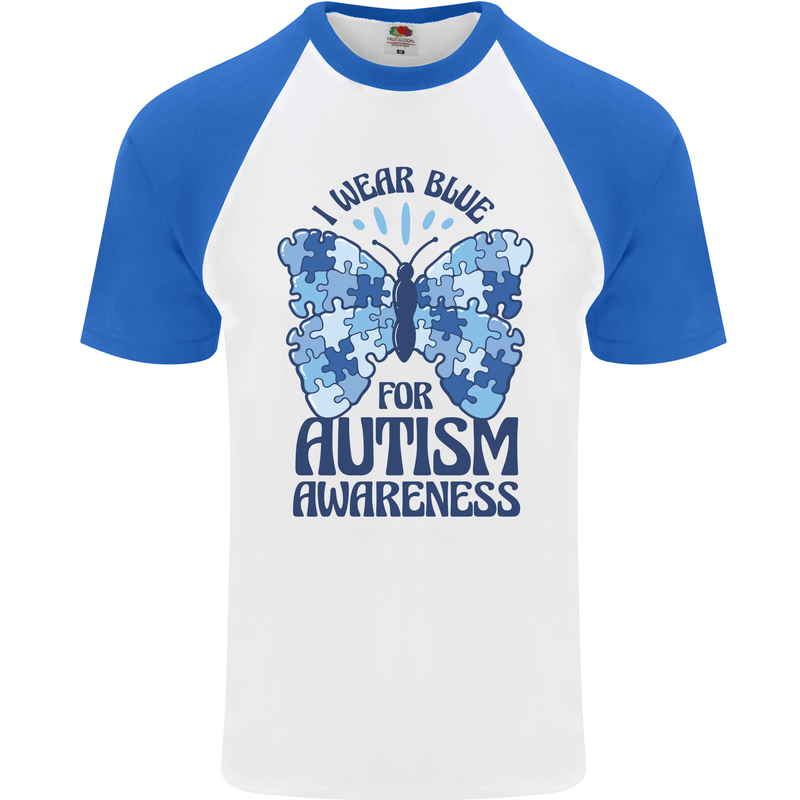 I Wear Blue For Autism Butterfly Autistic Mens S/S Baseball T-Shirt White/Royal Blue