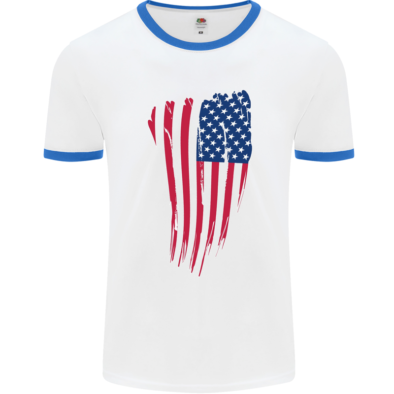 USA Stars & Stripes Flag July 4th America Mens White Ringer T-Shirt White/Royal Blue