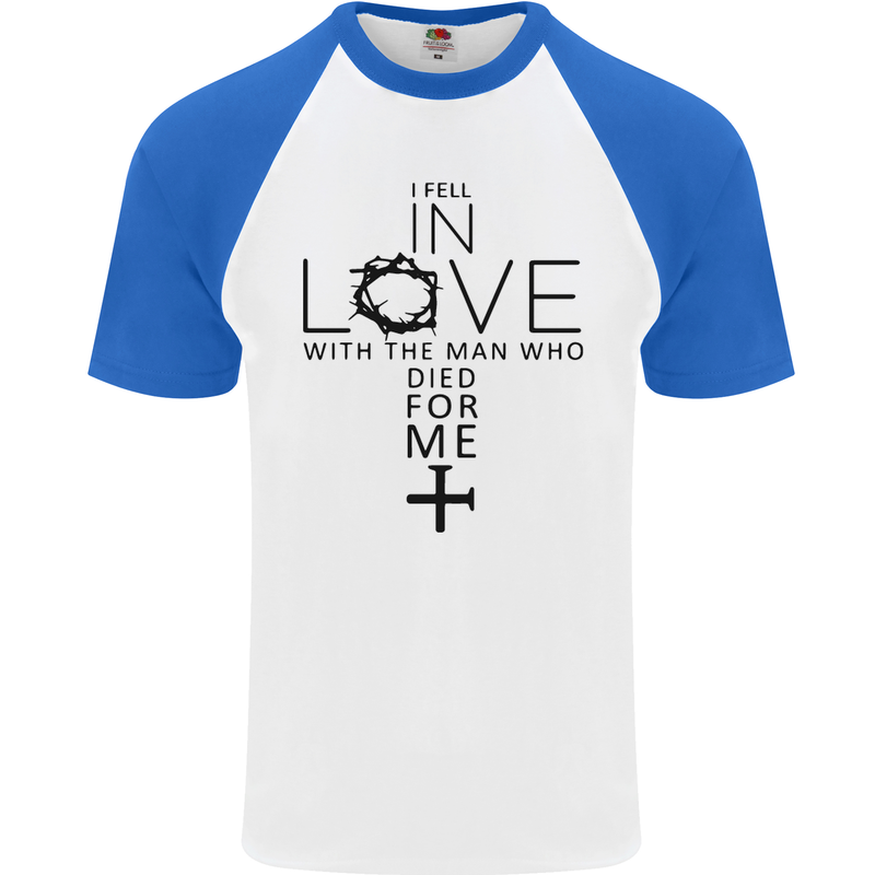 In Love With the Cross Christian Christ Mens S/S Baseball T-Shirt White/Royal Blue