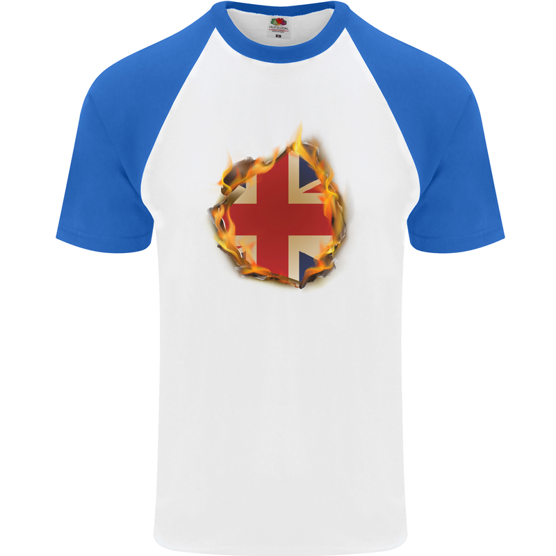 Union Jack Flag Fire Effect Great Britain Mens S/S Baseball T-Shirt White/Royal Blue