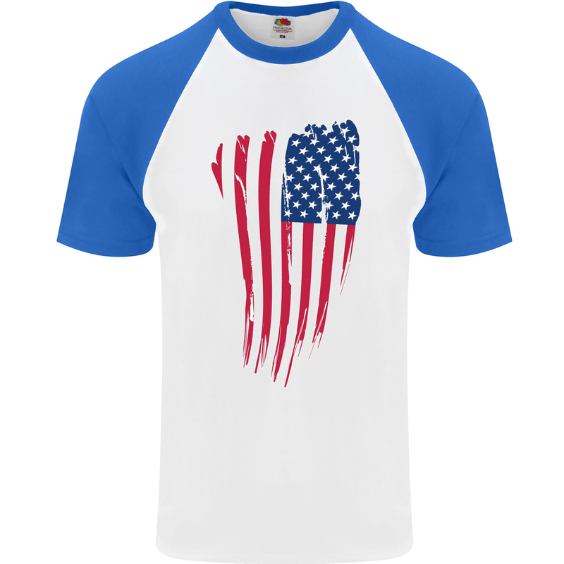 USA Stars & Stripes Flag July 4th America Mens S/S Baseball T-Shirt White/Royal Blue